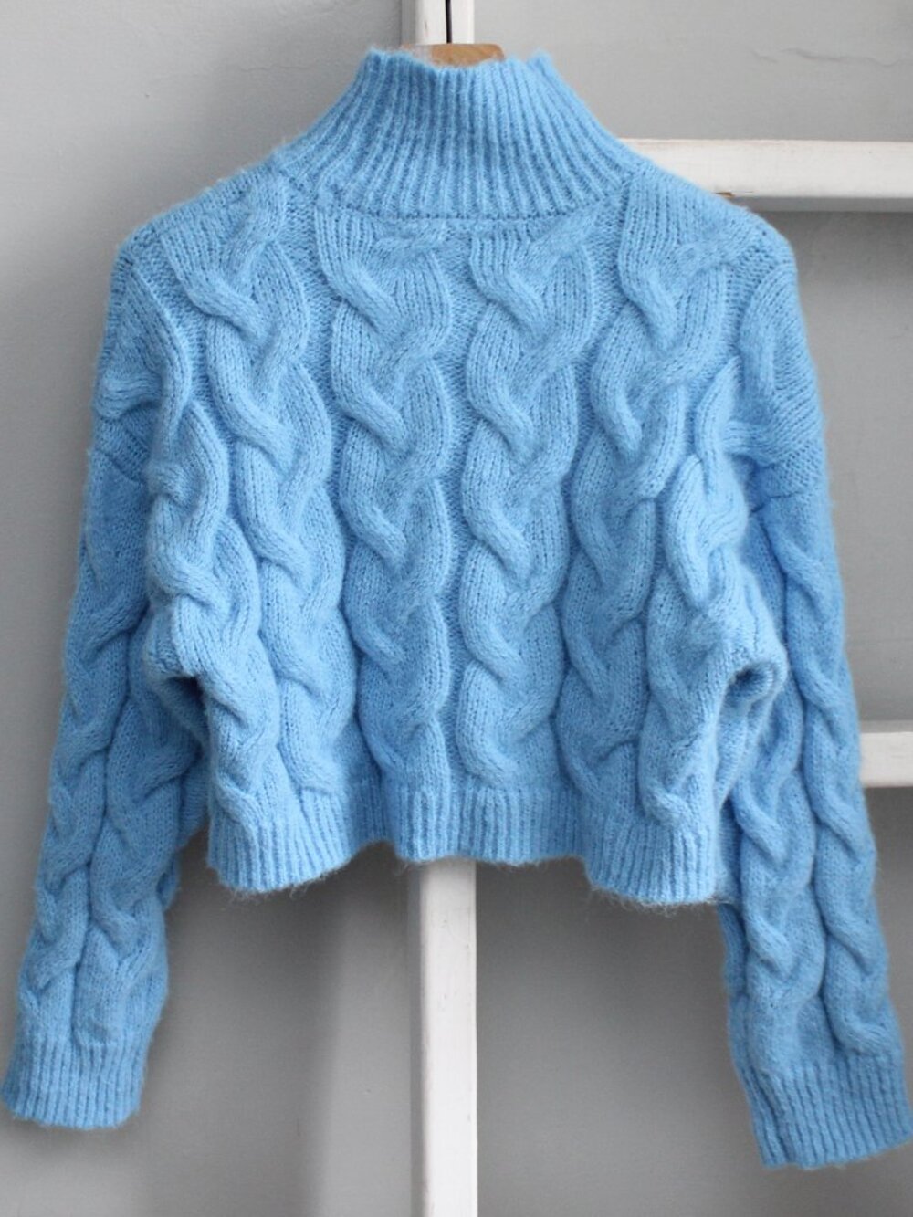 Topshop Turtleneck Crop Cable Relax Fit Sweater Light Blue Women's Size XS 0-2